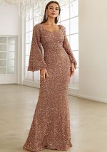 This Spring Summer Fashion v Neck Bodycon Sequin Dress Mid Waist Bell Bottom Sleeve Long Evening Gown Design Made Of Good Quality Polyster And Spandex Material