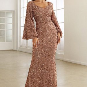 This Spring Summer Fashion v Neck Bodycon Sequin Dress Mid Waist Bell Bottom Sleeve Long Evening Gown Design Made Of Good Quality Polyster And Spandex Material