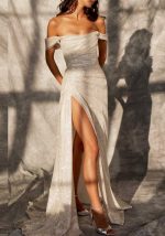 This Spring Summer Ladies Sexy Glitter Off Shoulder Slit Prom Gown Dress Design Made Of Good Quality Polyster And Spandex Material