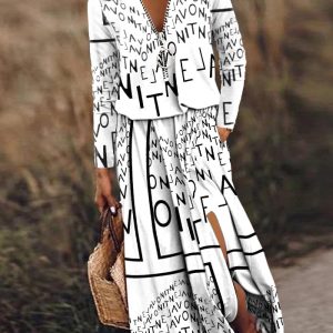 This Spring Summer Long Sleeve Maxi Dress Casual Women's Slim Waist Zipper Letter Print Dress Design Made Of High Quality Polyster And Spandex Material