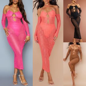 This Spring Summer Mesh Halter Neck Dress Women Clothes Cover Up See-Through Sexy Cutout Patchwork Bodycon Long Dress Design Made Of High Quality Polyster And Spandex Material