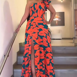 This Spring Summer One Shoulder Low Back Chic Printed High Waist Long Dress Design Made Of High Quality Polyster And Spandex Material