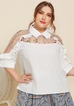 This Spring Summer Plus Size Women's Chic Turndown Collar See-Through Embroidered Patchwork Ruffle Edge Half-Sleeve Shirt Made Of Comfortable And Elastic Fabric. It Is Wholesale Sexy Plus Size Tops For Women. With The Gradual Rise Of Feminist Awareness