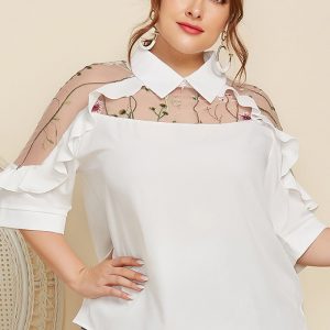 This Spring Summer Plus Size Women's Chic Turndown Collar See-Through Embroidered Patchwork Ruffle Edge Half-Sleeve Shirt Made Of Comfortable And Elastic Fabric. It Is Wholesale Sexy Plus Size Tops For Women. With The Gradual Rise Of Feminist Awareness