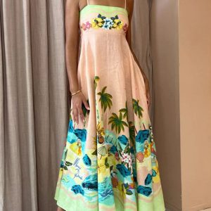 This Spring Summer Print Casual Straps Loose High Waist Holidays Dress Design Made Of High Quality Polyster And Spandex Material. It Is Stretchy