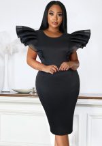 This Spring Summer Round Neck Mesh Patchwork Cape Sleeve Dress Slim Waist Slim Fit Fashion Casual Bodycon Dress Design Made Of High Quality Polyster And Spandex Material. It Come With Good Stretch And Wearing Comfortable. Women¡¯s Midi Dresses Is Omnipotent And Suit For All Kinds Of Occasions - Daily Wear