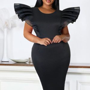 This Spring Summer Round Neck Mesh Patchwork Cape Sleeve Dress Slim Waist Slim Fit Fashion Casual Bodycon Dress Design Made Of High Quality Polyster And Spandex Material. It Come With Good Stretch And Wearing Comfortable. Women¡¯s Midi Dresses Is Omnipotent And Suit For All Kinds Of Occasions - Daily Wear