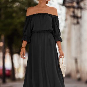 This Spring Summer Ruffle Off Shoulder Casual Dress Design Made Of High Quality Polyster And Spandex Material. It Is Stretchy