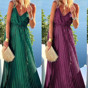 This Spring Summer Sexy Strap Maxi Dress Belted Loose Swing Dress Design Made Of High Quality Polyster And Spandex Material