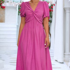 This Spring Summer Solid Color Short Sleeve Knot Dress Design Made Of High Quality Polyster And Spandex Material. It Come With Good Stretch And Wearing Comfortable. Women¡¯s Midi Dresses Is Omnipotent And Suit For All Kinds Of Occasions - Daily Wear