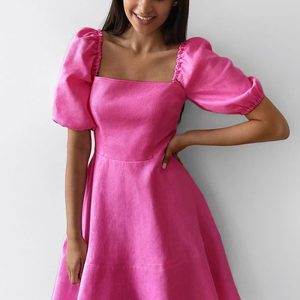 This Spring Summer Solid Color Short Sleeve Square Neck Fairy Dress Design Made Of High Quality Polyster And Spandex Material. It Is Stretchy