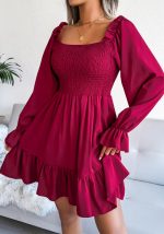 This Spring Summer Square Neck Bell Bottom Long Sleeve Ruffled Swing Dress Design Made Of High Quality Polyster And Spandex Material. It Is Stretchy