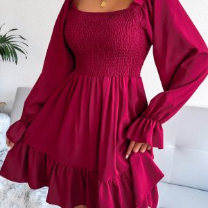 This Spring Summer Square Neck Bell Bottom Long Sleeve Ruffled Swing Dress Design Made Of High Quality Polyster And Spandex Material. It Is Stretchy