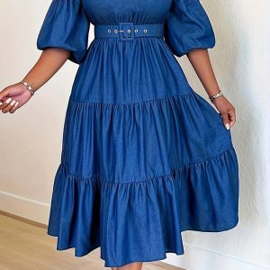 This Spring Summer Style Plus Size Women's Fashion Round Neck Large Hem Denim Dress Made Of Soft And Elastic Fabric. Global Lover Wholesale Plus Size Dresses And Hope Curvy Ladies Find Here a Warm And Exciting Place To Shop Affordable Curvy Dresses Online - Plus Size Casual