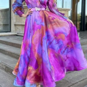 This Spring Summer Style Printed Ruffled Mesh Dress Career Plus Size Women's Dress Design Made Of High Quality Polyster And Spandex Material