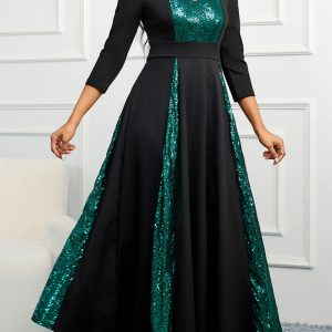 This Spring Summer Women's Dress Green Sequins Three Quarter Sleeves Midi Party Dress Design Made Of High Quality Polyster And Spandex Material. It Come With Good Stretch And Wearing Comfortable. Women¡¯s Midi Dresses Is Omnipotent And Suit For All Kinds Of Occasions - Daily Wear