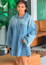 This Spring Summer Women's Fashion Turndown Collar Loose Fashion Denim Dress Design Made Of High Quality Polyster And Spandex Material. It Is Stretchy