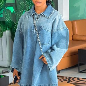 This Spring Summer Women's Fashion Turndown Collar Loose Fashion Denim Dress Design Made Of High Quality Polyster And Spandex Material. It Is Stretchy