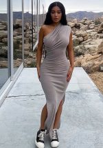 This Spring Summer Women's Solid Color Casual Pleated Slash Shoulder Slit Slim Maxi Dress Design Made Of High Quality Polyster And Spandex Material. It Is Stretchy