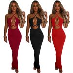 Dieser Frühling Sommer Frauen solide Farbe Kreuz Halter Hals sexy Ausschnitt Bodycon Kleid Design aus hochwertigem Polyster und Spandex Material