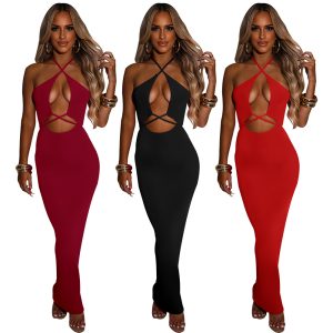 Esta primavera verano de las mujeres de color sólido cruzado cuello halter sexy recorte Bodycon vestido de diseño hecho de poliéster de alta calidad y material de spandex