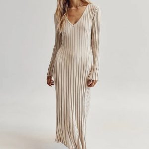 This Spring Summer Knitting Dress Casual Slim Waist v-Neck Ribbed Slim Fit Knitting Long Dress For Women Combine The Warm And Fashion. It Is a Must-Have Item For This Winter. Sweater Dresses For Women At Global Lover Comes For Different Occasions - Daily Life