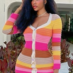 This Spring Women Color Block Knitting Long Sleeve Bodycon Dress Combine The Warm And Fashion. It Is a Must-Have Item For This Winter. Sweater Dresses For Women At Global Lover Comes For Different Occasions - Daily Life