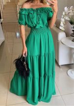 This Spring Women's Fashion Chic Off Shoulder Short Sleeve a-Line Long Dress Design Made Of High Quality Polyster And Spandex Material