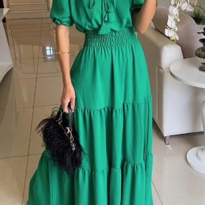 This Spring Women's Fashion Chic Off Shoulder Short Sleeve a-Line Long Dress Design Made Of High Quality Polyster And Spandex Material