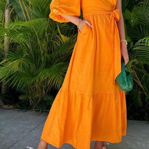 This Spring Women's Fashion Chic Slash Shoulder Linen Maxi Dress Design Made Of High Quality Polyster And Spandex Material. It Come With Good Stretch And Wearing Comfortable. Women¡¯s Midi Dresses Is Omnipotent And Suit For All Kinds Of Occasions - Daily Wear