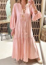 This Spring Women's Fashion v-Neck Puff Sleeve Bohemian Linen Dress Design Made Of High Quality Polyster And Spandex Material