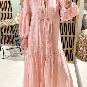 This Spring Women's Fashion v-Neck Puff Sleeve Bohemian Linen Dress Design Made Of High Quality Polyster And Spandex Material