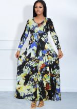 This Spring And Autumn Fashion Sexy Long Dress Deep v Neck Digital Printing Large Swing Dress Design Made Of High Quality Polyster And Spandex Material