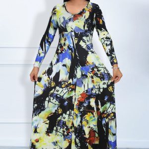 This Spring And Autumn Fashion Sexy Long Dress Deep v Neck Digital Printing Large Swing Dress Design Made Of High Quality Polyster And Spandex Material