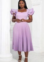 This Spring And Autumn Light Purple Square Neck Dress Elegant Chic Casual Career Pleated Dress Design Made Of High Quality Polyster And Spandex Material. It Is Stretchy