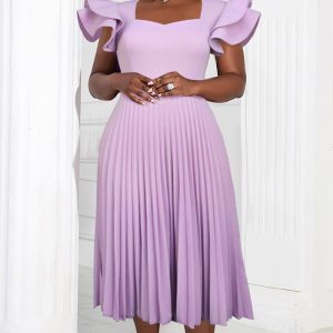 This Spring And Autumn Light Purple Square Neck Dress Elegant Chic Casual Career Pleated Dress Design Made Of High Quality Polyster And Spandex Material. It Is Stretchy