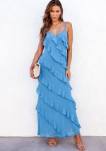 This Spring And Summer Sexy Low Back Straps u-Neck Slim Side Slit Long Dress Design Made Of High Quality Polyster And Spandex Material