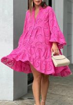 This Spring And Summer Solid Color v-Neck Loose Embroidery Hollow Lace Flower Sexy Dress Design Made Of High Quality Polyster And Spandex Material. It Is Stretchy