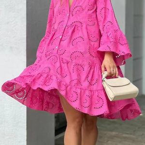 This Spring And Summer Solid Color v-Neck Loose Embroidery Hollow Lace Flower Sexy Dress Design Made Of High Quality Polyster And Spandex Material. It Is Stretchy