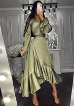 This Spring And Summer Women's Clothing Deep v Long-Sleeved Dress Design Made Of High Quality Polyster And Spandex Material