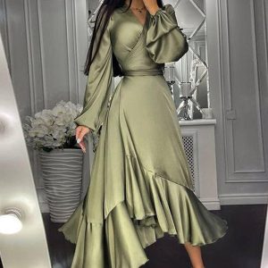 This Spring And Summer Women's Clothing Deep v Long-Sleeved Dress Design Made Of High Quality Polyster And Spandex Material