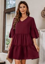 This Spring/Summer Casual Women's Fashion v-Neck Solid Color Loose Dress Design Made Of High Quality Polyster And Spandex Material. It Is Stretchy