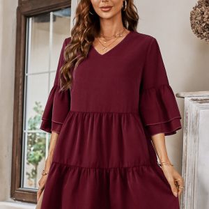 This Spring/Summer Casual Women's Fashion v-Neck Solid Color Loose Dress Design Made Of High Quality Polyster And Spandex Material. It Is Stretchy