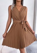 This Spring/Summer Chic Crossover v-Neck Sleeveless Slim Waist Pleated Dress Design Made Of High Quality Polyster And Spandex Material. It Is Stretchy