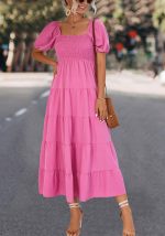 This Spring/Summer Eaby Casual Puff Sleeve Dress With Belt Design Made Of High Quality Polyster And Spandex Material