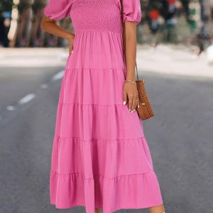 This Spring/Summer Eaby Casual Puff Sleeve Dress With Belt Design Made Of High Quality Polyster And Spandex Material