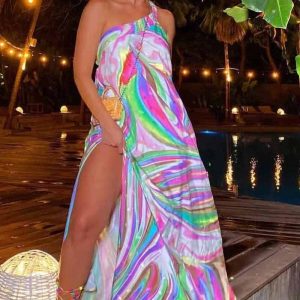 This Spring/Summer Fashion Women's Print Strap Slit Low Back Holidays Dress Maxi Dress Design Made Of High Quality Polyster And Spandex Material