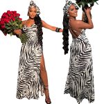 This Spring/Summer Women Clothing Strap Low Back Zebra Print Side Slit Backless Maxi Dress Design Made Of High Quality Polyster And Spandex Material