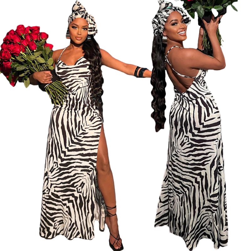 This Spring/Summer Women Clothing Strap Low Back Zebra Print Side Slit Backless Maxi Dress Design Made Of High Quality Polyster And Spandex Material