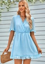 This Spring/Summer Women's Casual v-Neck Solid Color Short Sleeve Fur Dress Design Made Of High Quality Polyster And Spandex Material. It Is Stretchy